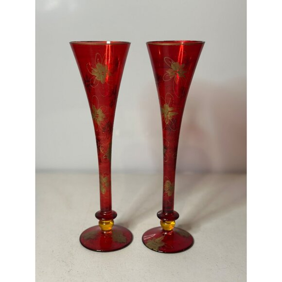 VTG Set Of 2 Cranberry Flashed Gold Floral Painted Bohemian Glass Flute Vases - Picture 1 of 9